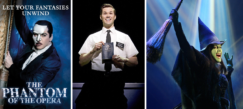 The Phantom of the Opera, The Book of Mormon, and Wicked